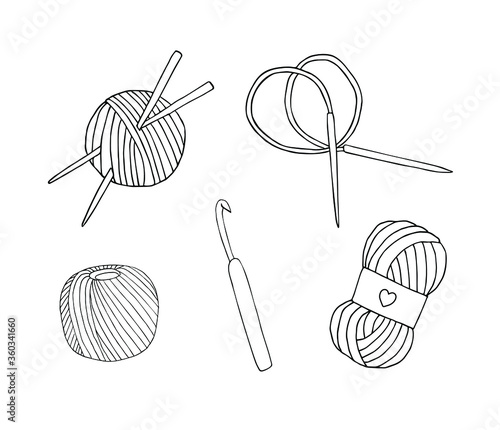 Vector hand drawn doodle sketch set bundle of knitting accessories threads and needles isolated on white background