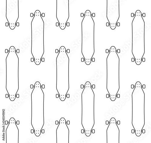 Vector seamless pattern of flat outline longboard  skate isolated on white background