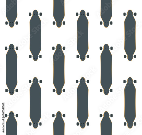 Vector seamless pattern of flat cartoon longboard  skate isolated on white background