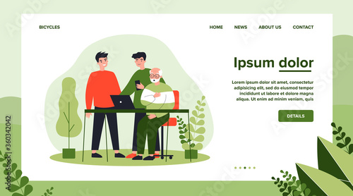 Two young and one senior men watching movie. Guys explaining to granddad how to use laptop flat vector illustration. Technology and entertainment concept for banner, website design or landing web page