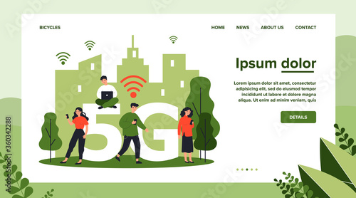 Young citizens using digital gadgets. Laptops an cellphones users using 5G high speed wireless internet connection. Vector illustration for interaction, telecom, wi-fi, smart city concept