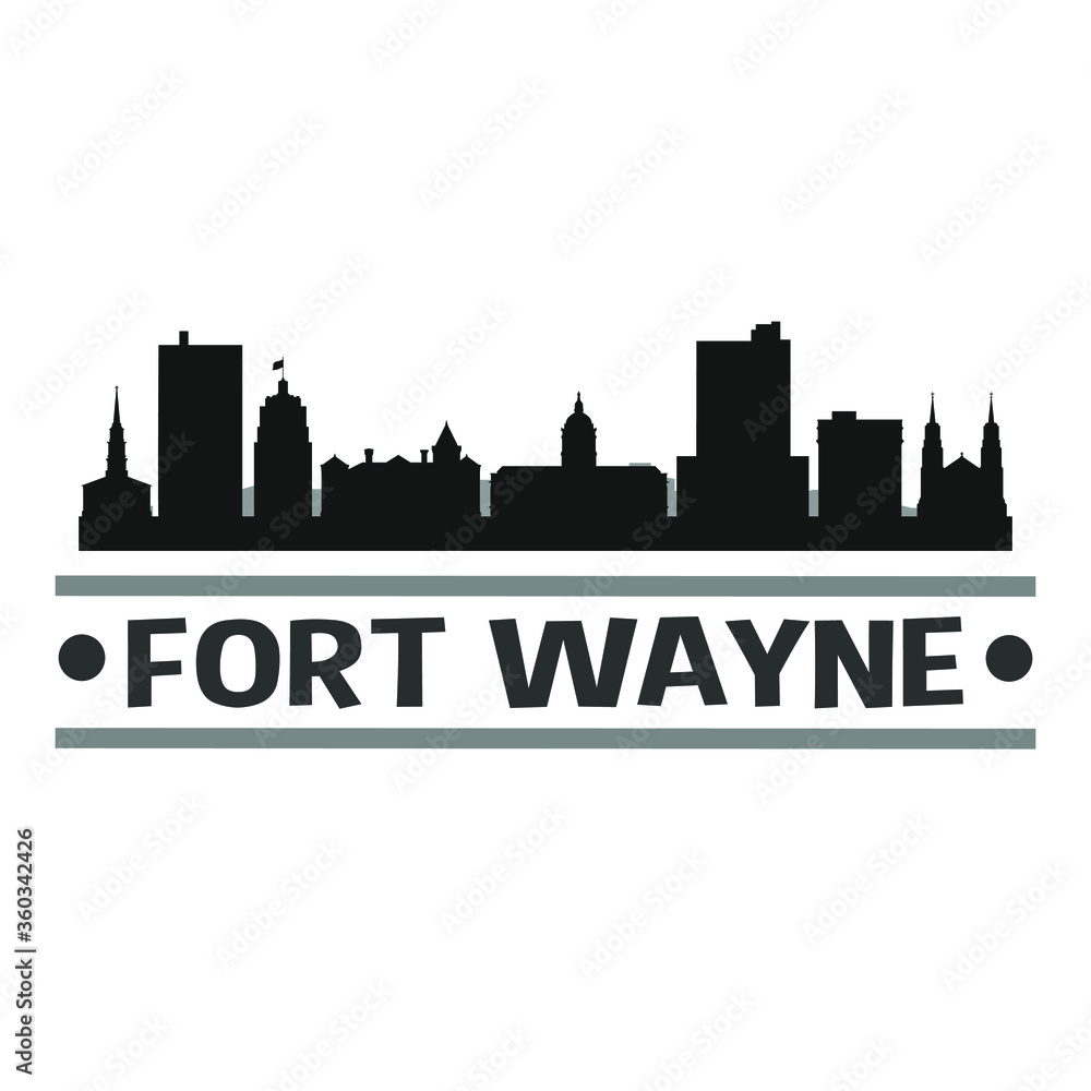 Fort Wayne Indiana City Travel. City Skyline. Silhouette City. Design Vector. Famous Monuments.