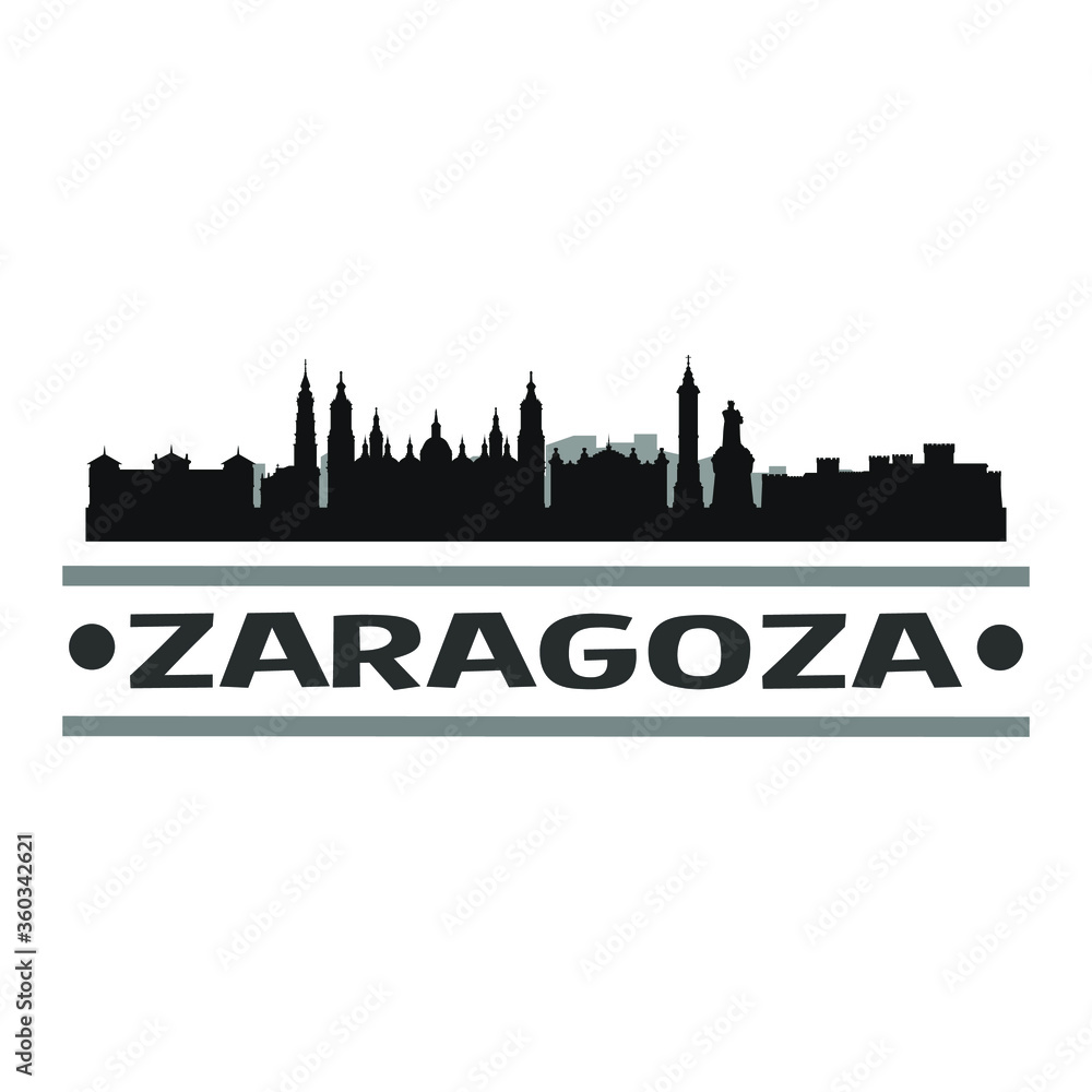 Zaragoza Spain City Travel. City Skyline. Silhouette City. Design Vector. Famous Monuments.