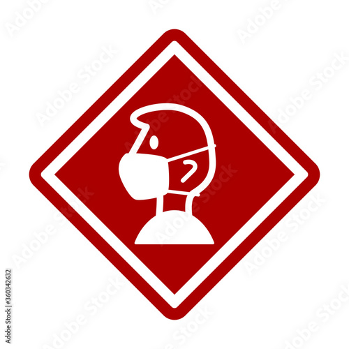Wear a Face Mask or No Face Mask No Entry Icon in Red and White Diamond-Shaped Traffic Sign Style. Vector Image.