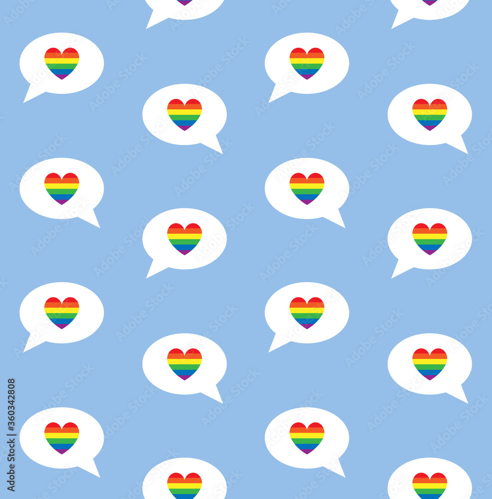 Vector seamless pattern of flat cartoon lgbt rainbow flag bubble with heart isolated on blue background