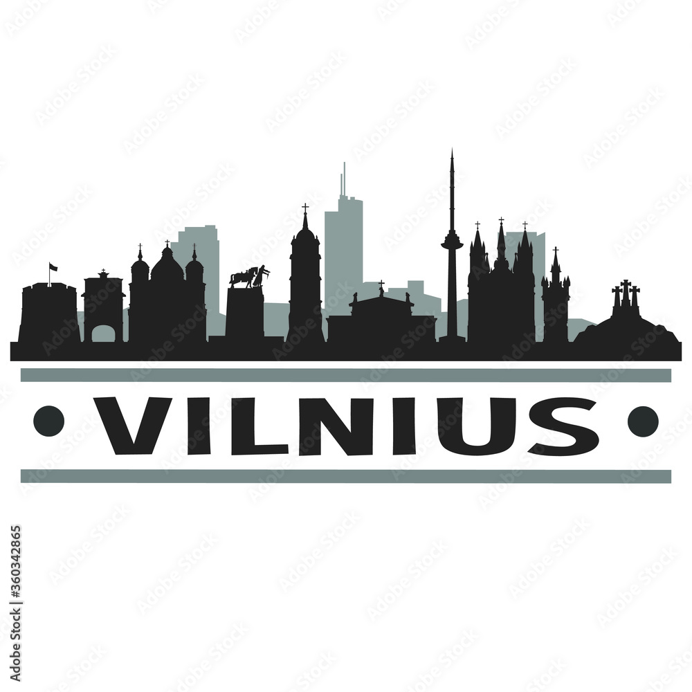 Vilnius Lithuania City Travel. City Skyline. Silhouette City. Design Vector. Famous Monuments.