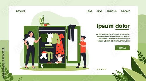 Parents finding baby in wardrobe. Happy young family, clothes storage unit, play flat vector illustration. Parenthood, childhood concept for banner, website design or landing web page