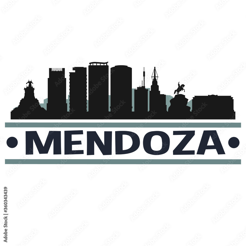 Mendoza Argentina Travel. City Skyline. Silhouette City. Design Vector. Famous Monuments.