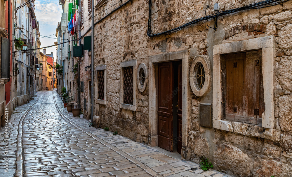 A narrow street in the old town of Rovinj in Croatia