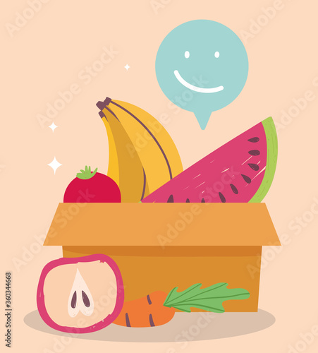 online market, cardboard box watermelon banana and apple, food delivery in grocery store