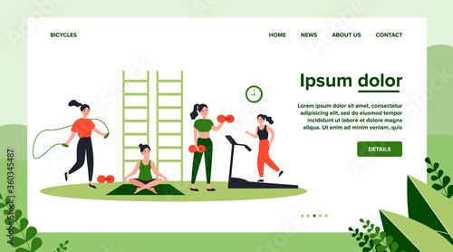 Woman exercising in fitness club or gym, practicing weight body workout, yoga and cardio training, jumping rope, running on treadmill. Can be used for active lifestyle, activity, sport concept