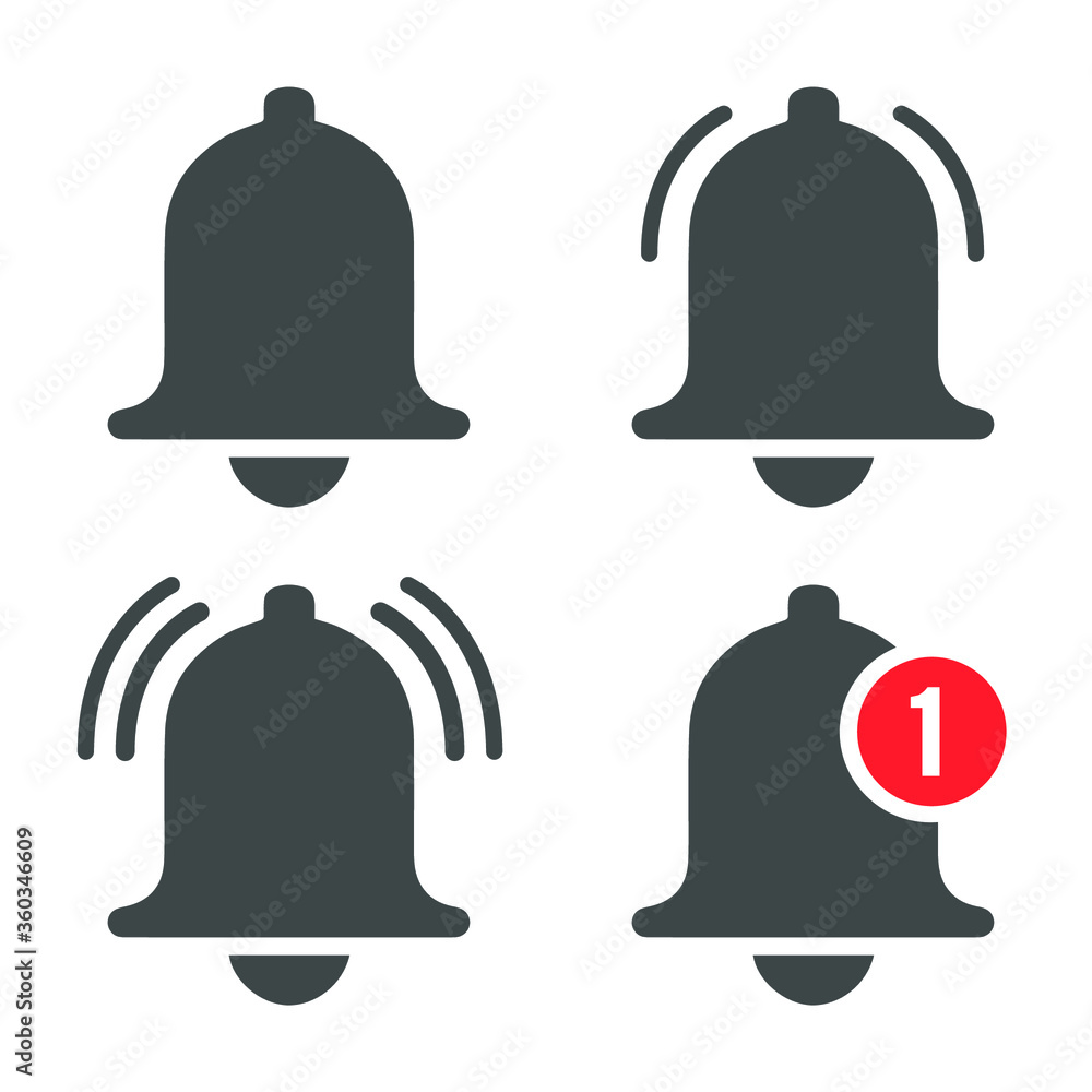 Message bell icon. Doorbell icons for apps like youtube, alert ringing or subscriber alarm symbol, channel messaging reminders bells. Vector illustration. EPS 10.