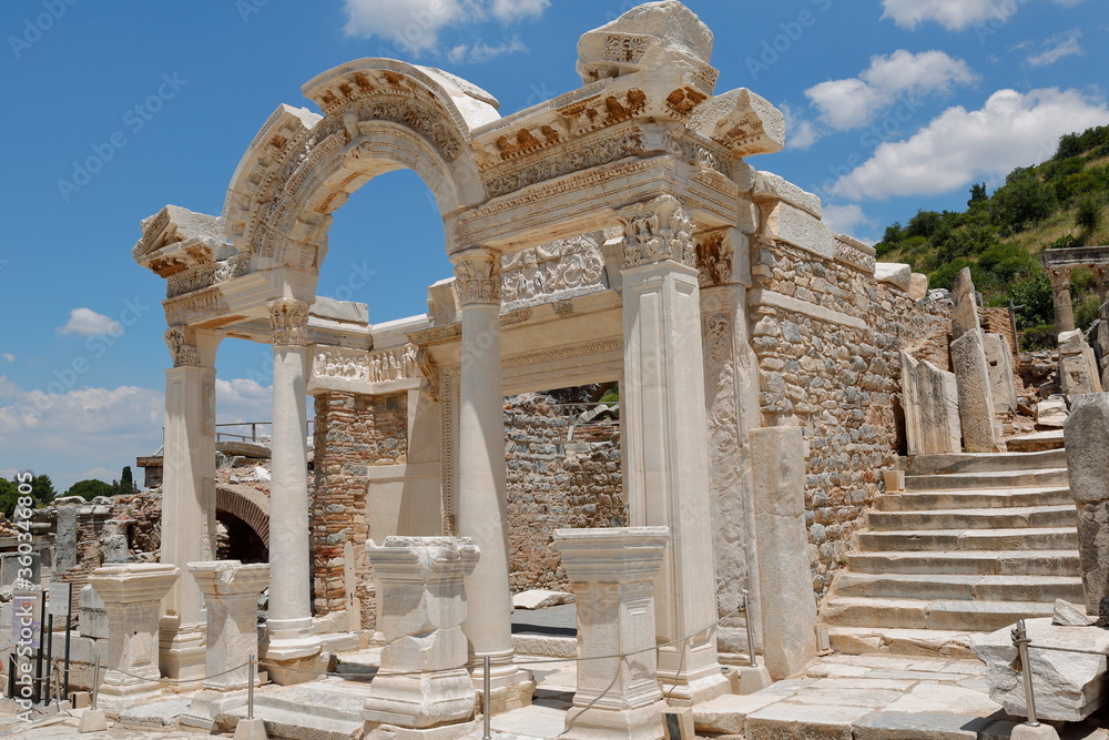 The Temple of Hadrian in Ephesus Ancient City. It was built in the 4th century BC to honor the Roman Emperor Hadrian. Izmir, Turkey