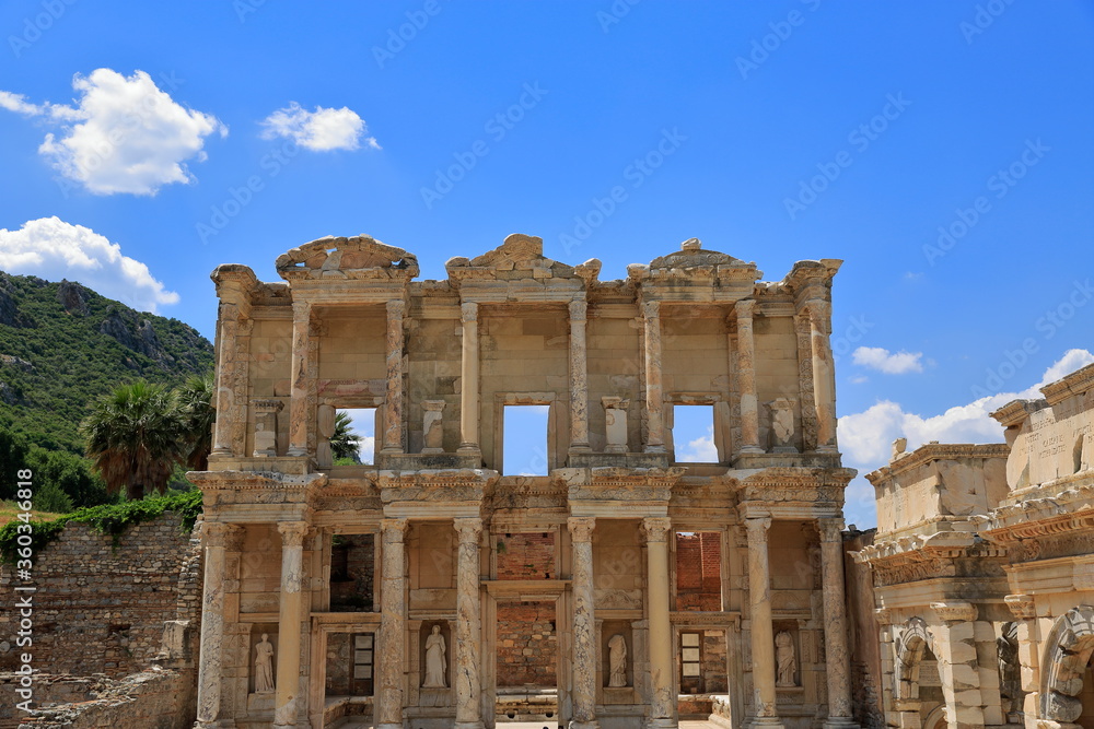 Library of Celsus in the ancient city of Ephesus. Ephesus, the first city built entirely in marble, is a UNESCO World Heritage Site. The city dates back to 6000 BC. Izmir, Turkey