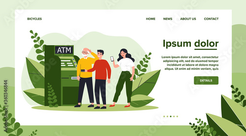 People helping senior man at ATM. Puzzled grandpa, credit card, mobile app using flat vector illustration. Old people support, banking concept for banner, website design or landing web page