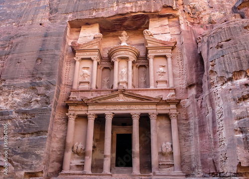 Ancient tombs carved in stone in Petra, Jordan