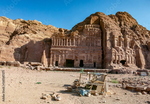 Ancient tombs carved in stone in Petra, Jordan
