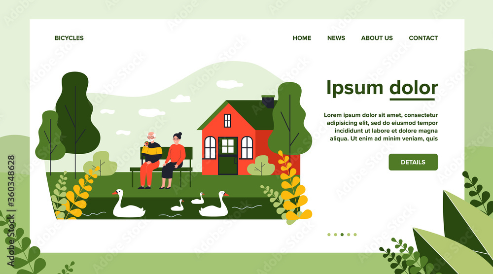 Senior couple watching swans on pond. Relaxing outdoors, country house, relationship flat vector illustration. Leisure, retirement, old age concept for banner, website design or landing web page Senior couple watching swans on pond. Relaxing outdoors, country house, relationship flat vector illustration. Leisure, retirement, old age concept for banner, website design or landing web page