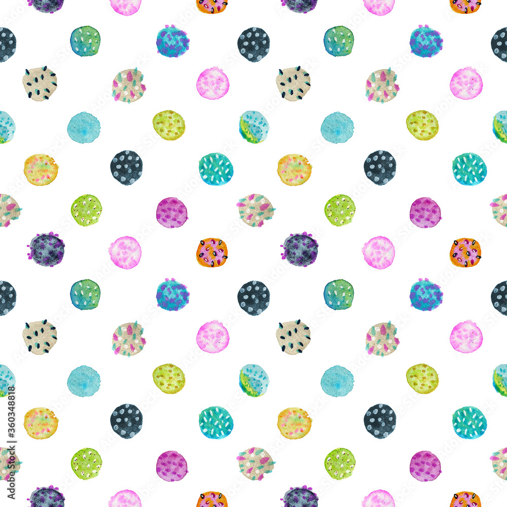 Ice-cream dot seamless pattern. Isolated on white. Hand drawn watercolor illustration.