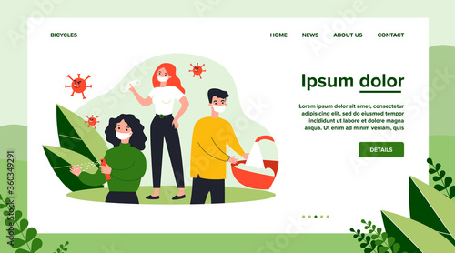 People practicing hygiene for protection from coronavirus. Men and women wearing face masks, washing and sanitizing hands. Vector illustration for coronavirus, disease prevention, guide concept