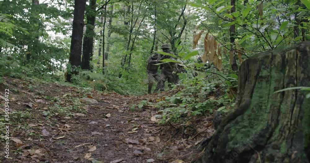 Soldiers moving through forest during tactical action, concept of war and attacking Soldiers moving through forest during tactical action, concept of war and attacking