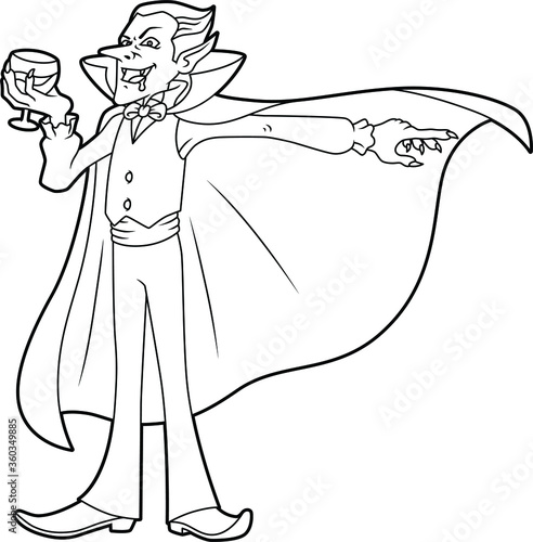 Vector Cartoon Vampire With Glass Of Blood Line Art