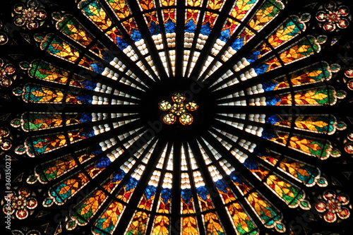Amazing and colorful rose window inside the Strasbourg Cathedral.
