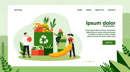 People putting organic food into eco friendly bag with recycling sign. Shoppers with fresh fruits and plastic cup. Vector illustration for sustainable development, zero waste, reuse concept