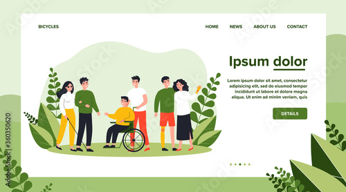 Volunteers helping disabled people. Group of men and women with special needs, on wheelchair, with prosthesis. Vector illustration for support, diversity, disability, lifestyle concept