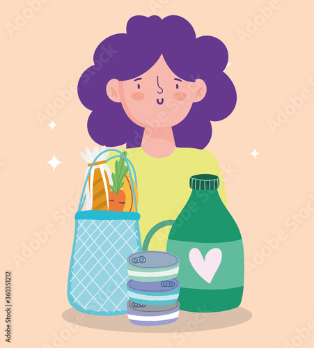 online market, woman with bag juice bottle bread, food delivery in grocery store