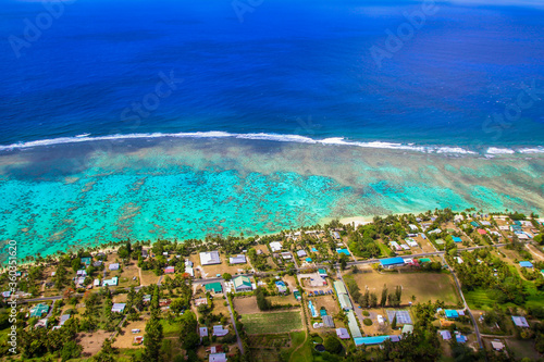 Rarotonga breathtaking stunning views from a plane of beautiful beaches, white sand, clear turquoise water, blue lagoons, Cook islands, Pacific islands