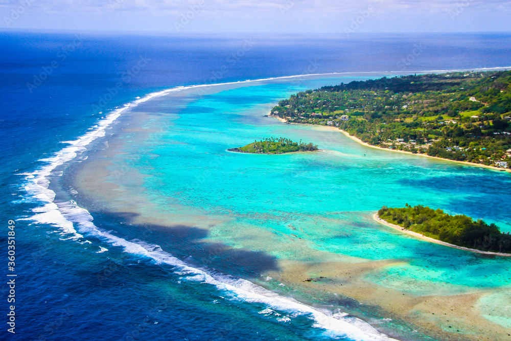 Rarotonga breathtaking stunning views from a plane of beautiful beaches, white sand, clear turquoise water, blue lagoons, Cook islands, Pacific islands

