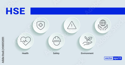 HSE. Health Safety Environment acronym. Vector Illustration concept banner with icons and keywords.