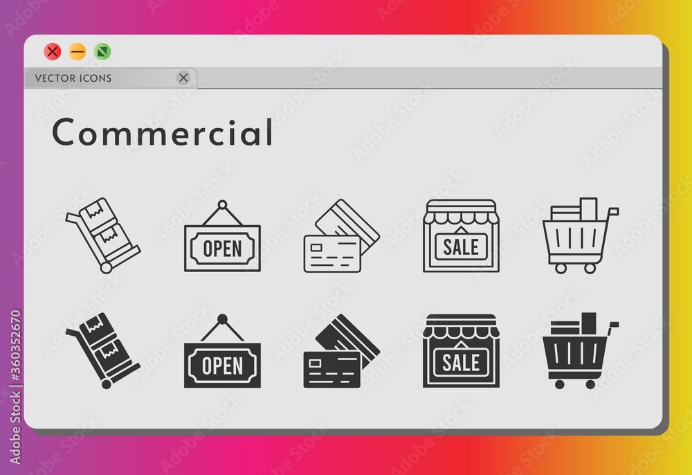 commercial icon set. included shop, shopping cart, credit card, open, trolley icons on white background. linear, filled styles.