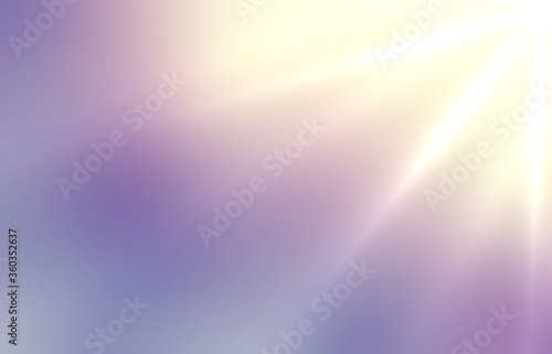 Sun shine on lilac blur empty background. Abstract illustration. Rays defocused pattern. Magical sky.
