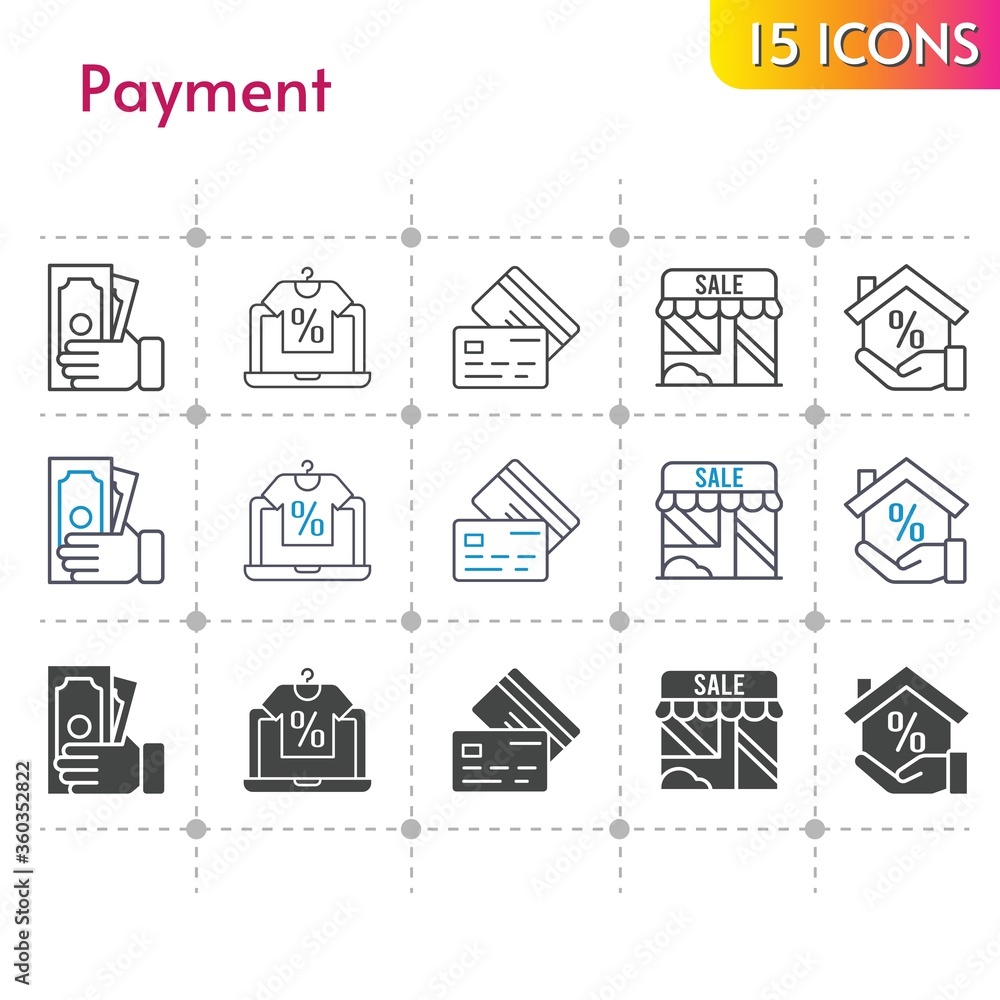 payment icon set. included online shop, shop, mortgage, money, credit card icons on white background. linear, bicolor, filled styles.
