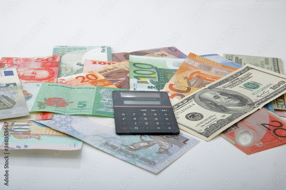View of composition with various world banknotes. View of composition with various world banknotes.