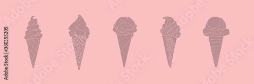 Set of ice cream cones. Vector illustration in a simple flat style and a pink background with a outline.