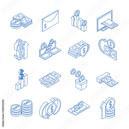 isometric money cash currency business coins banknotes isolated on white background linear blue icons set