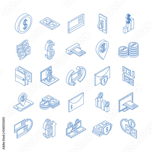 Wallpaper Mural isometric money cash currency business coins banknotes isolated on white background linear blue icons set Torontodigital.ca
