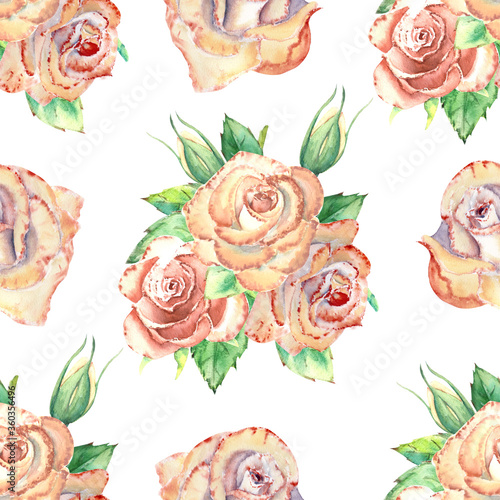 Seamless pattern with peach roses. Peach roses, green leaves, open and closed...