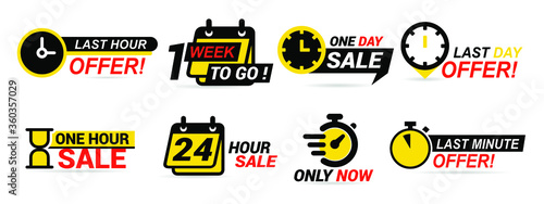 Sale countdown badges. Last minute offer banner, one day sales and 24 hour sale promo stickers. business limited special promotions, best deal badge. Isolated vector icons set