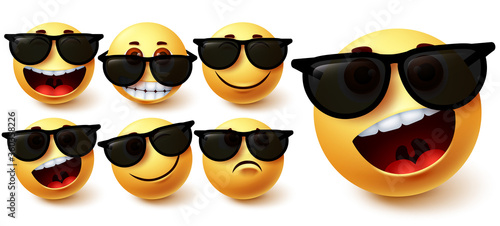 Smiley in sunglasses vector set. Smileys emoji character wearing glasses with different facial expression like cute, naughty, crazy and cool for social media summer character design. Vector 