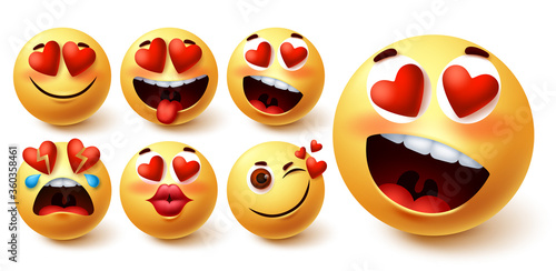 Emoji valentines vector set. Smiley emojis yellow face in heart eyes with different facial expression like in love, kiss, broken, blush and crazy for emoticon valentine design element. Vector 