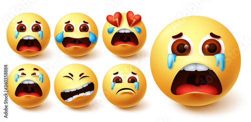 Smiley emoji in tears vector set. Smileys yellow face in crying, sad, broken hearted and pain facial expression for dramatic emoticon collection design. Vector illustration  

