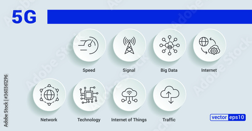 5G banner web icon for business and technology, speed, signal, network, technology, big data, Iot and traffic icons. Minimal vector infographic.