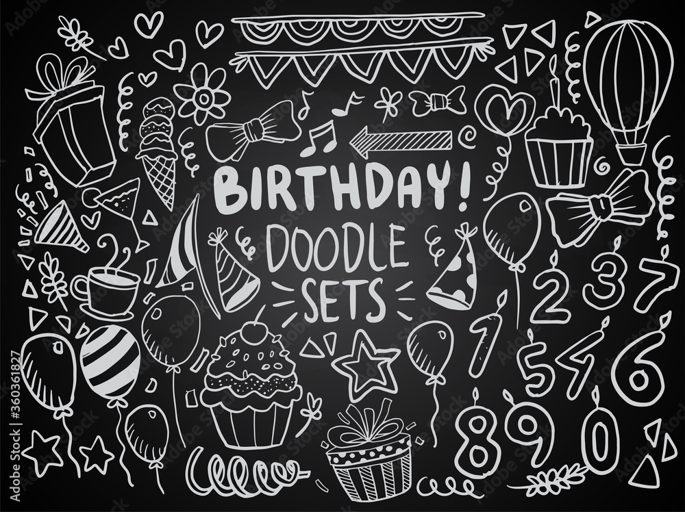 Happy Birthday background. Hand-drawn Birthday sets, party blowouts, party hats, gift boxes and bows. vector illustration chalk texture isolated on black background