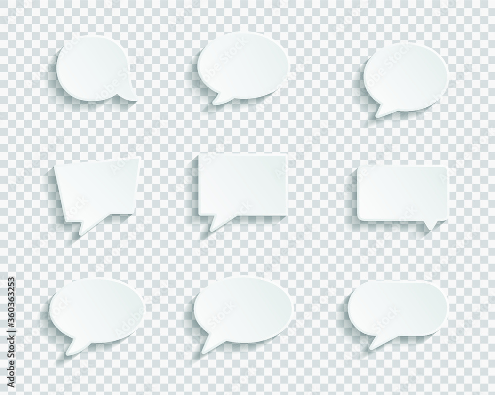 White blank speech bubbles isolated vector set. Infographic design thought bubble on the transparent background. Eps 10 vector file. White blank speech bubbles isolated vector set. Infographic design thought bubble on the transparent background. Eps 10 vector file.