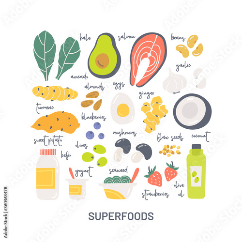 Collection of super foods hand drawn icons with text isolated on white background.
