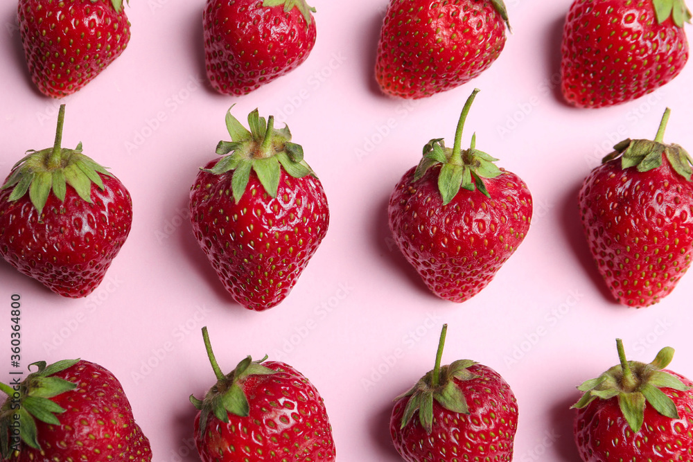 Tasty ripe strawberries on pink background, flat lay Tasty ripe strawberries on pink background, flat lay